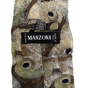 Manzoni Italy Pure Silk Tie Abstract Geometric Swirl Olive Bronze Black Mens‎